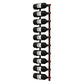 Wall-mounted wine rack holding multiple dark wine bottles with red bottle tips.