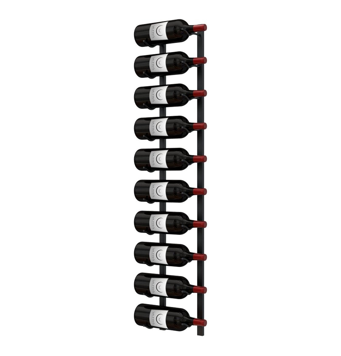 Wall-mounted wine rack holding multiple dark wine bottles with red bottle tips.