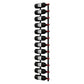 Wall-mounted wine rack holding multiple dark wine bottles with red bottle tips.