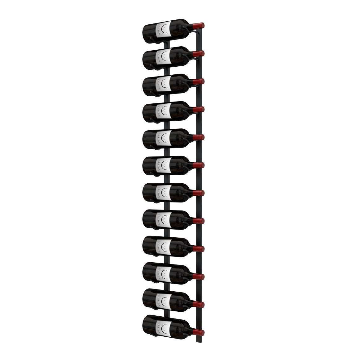 Wall-mounted wine rack holding multiple dark wine bottles with red bottle tips.