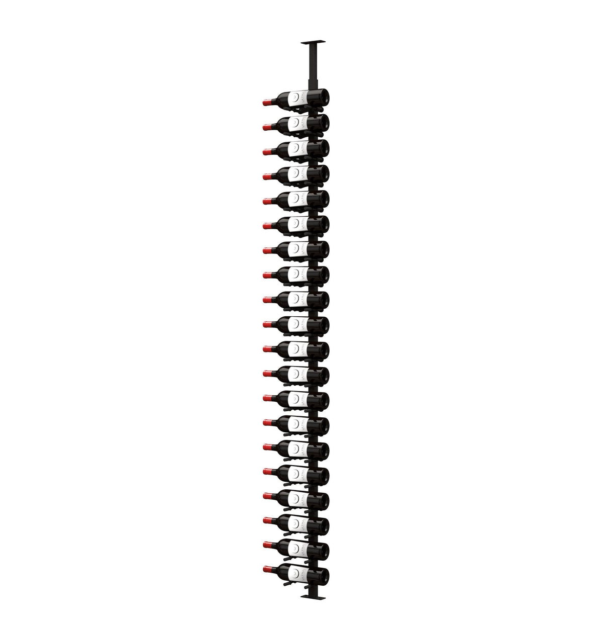 Black label-out wine peg rack holding 20 bottles, single-sided display