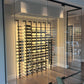 Single-sided wine bottle rack with black minimalist frame and label-out peg holders