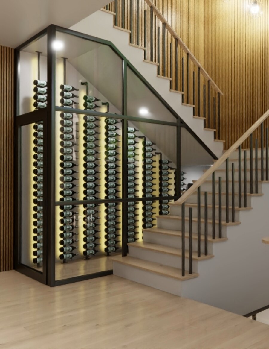 Wine bottle display cabinet with black frame and glass panels, label-out bottles by stairs
