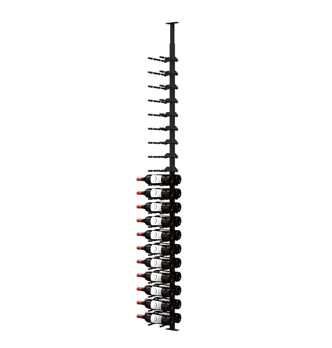 Black metal wine bottle rack with label-out bottles arranged along vertical peg supports