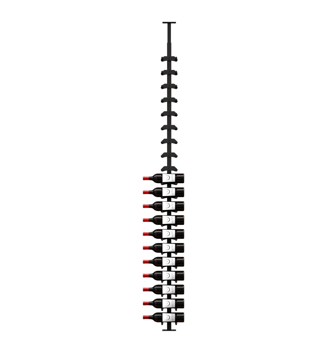 Black metal vertical wine bottle rack with label-out bottles and visible red bottle tips