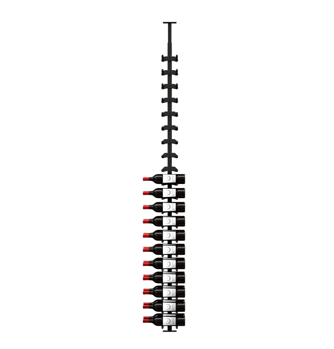 Black metal wine bottle rack with label-out bottles on a vertical peg frame
