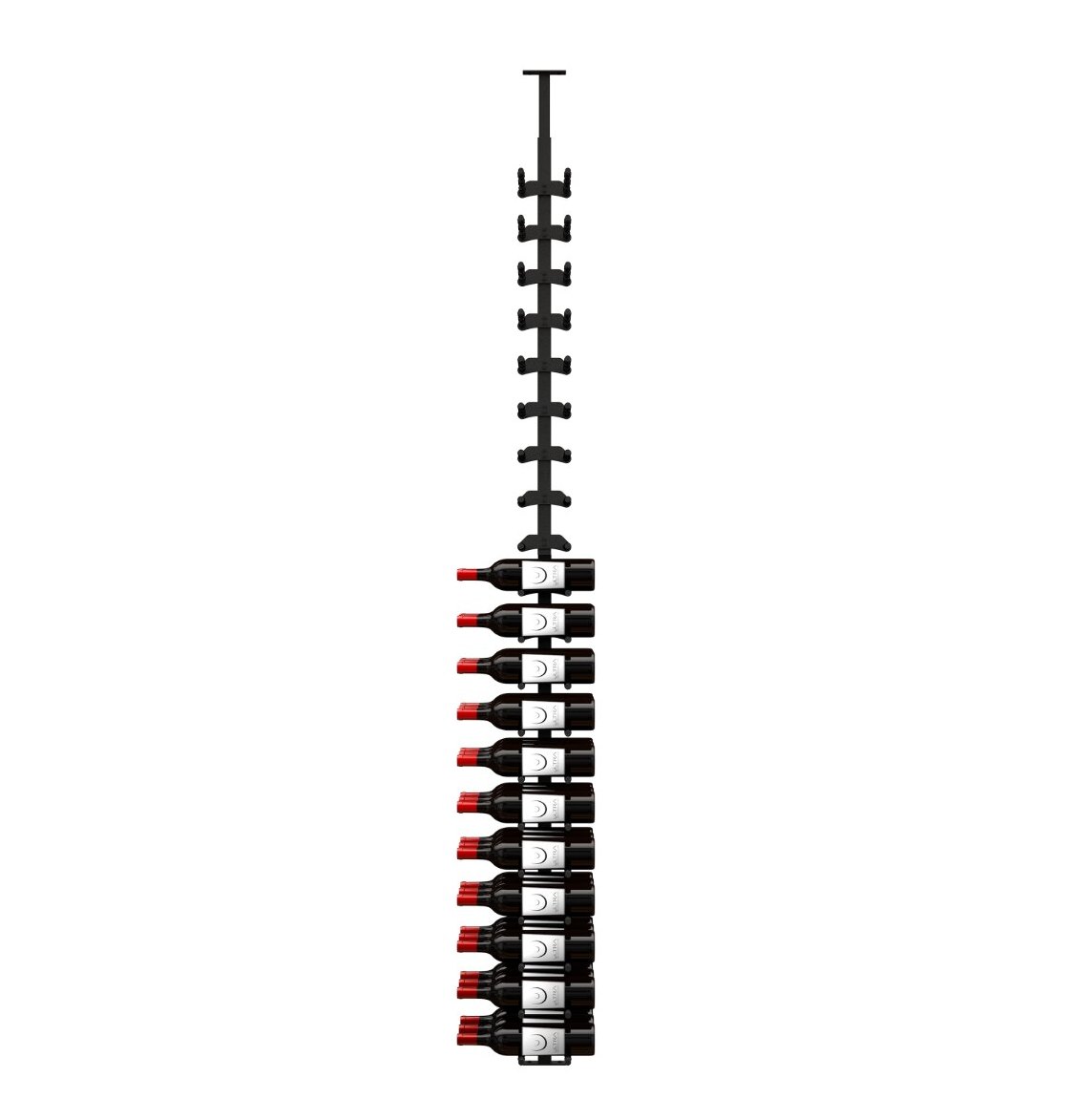 Black metal vertical wine bottle rack with label-out bottles and tightly spaced peg rows