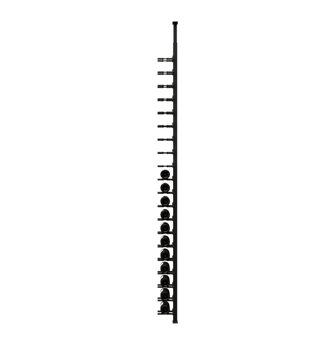 Black metal wine bottle rack side view with pegs holding bottle bottoms in rows