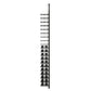 Black metal wine bottle rack end view showing bottle bottoms in peg holders