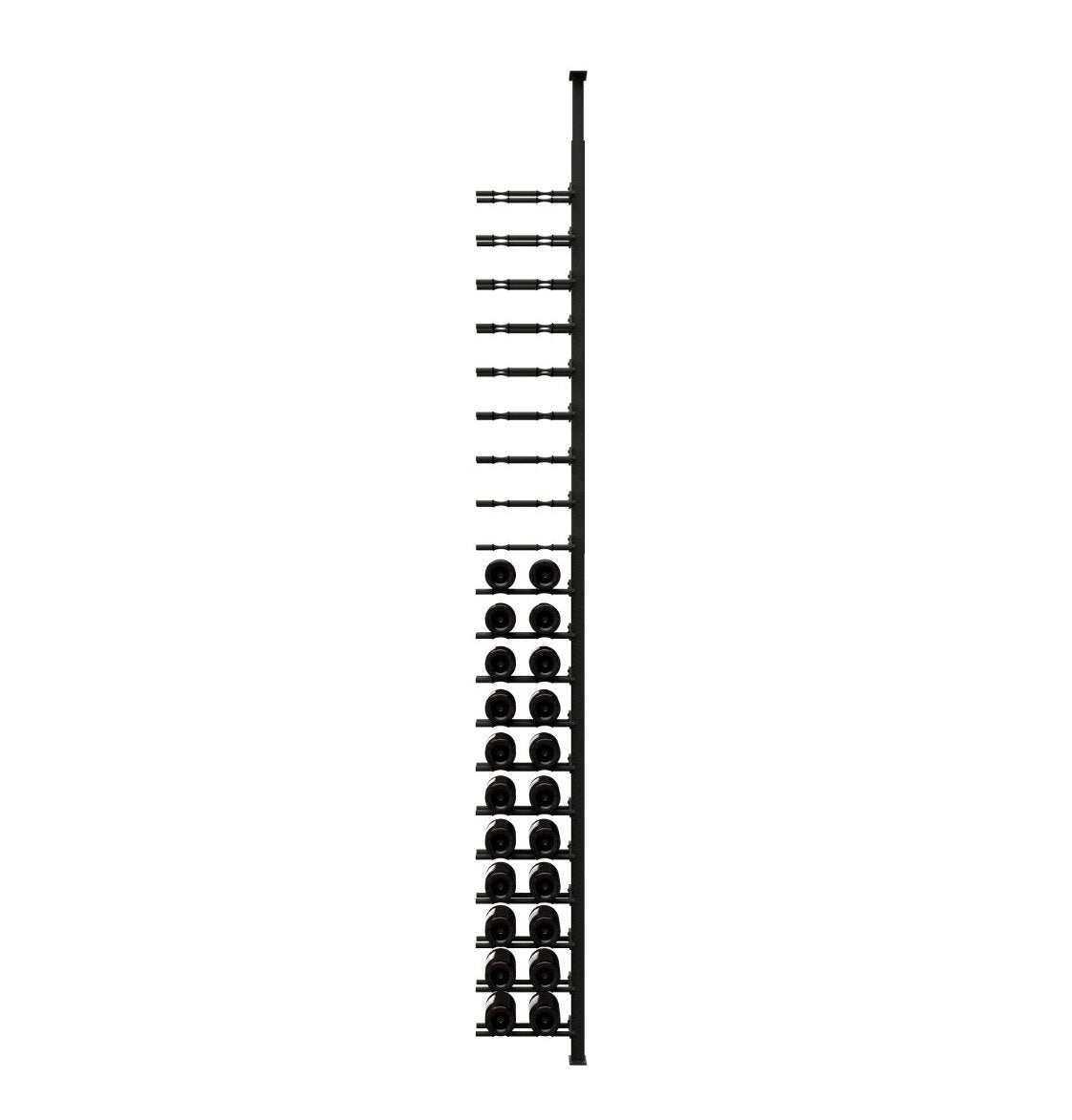 Black metal wine bottle rack end view showing bottle bottoms in peg holders
