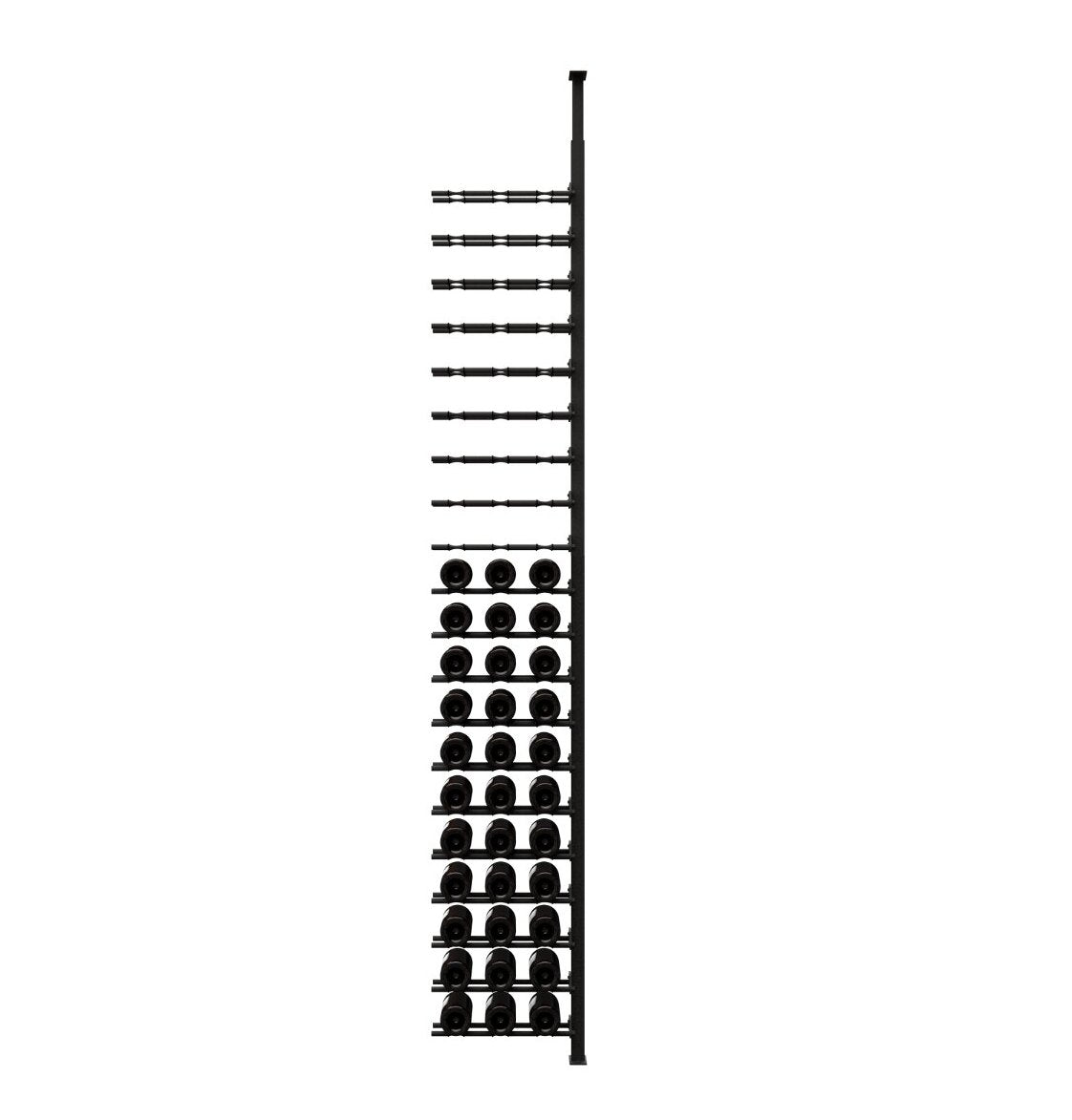 Black metal wine bottle rack end view with bottle bottoms in peg holders