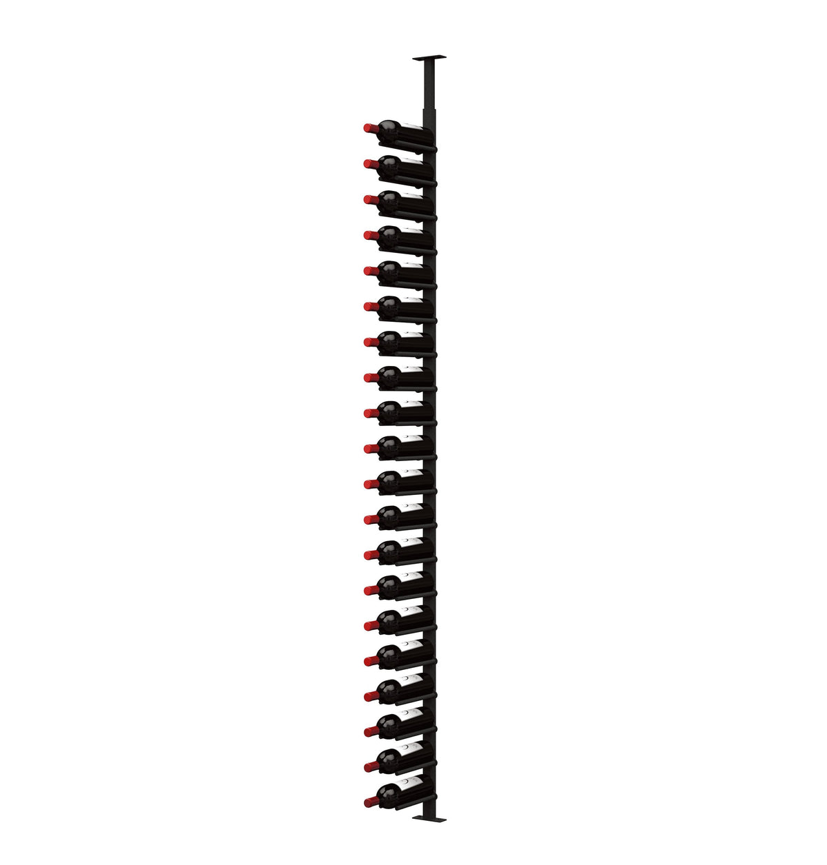 Wine bottle rack with vertical black frame and cork-style pegs, holding dark bottles with red labels