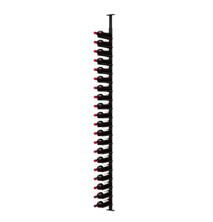 Wine bottle rack with vertical black frame and cork-style pegs, holding dark bottles with red labels