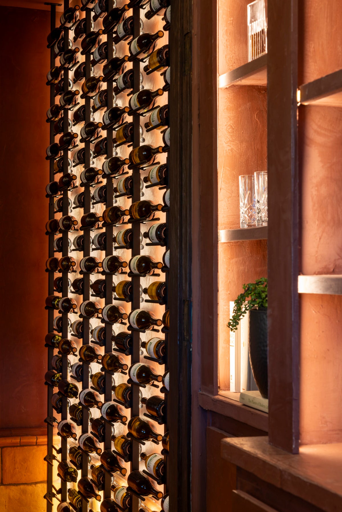 Wall-mounted wine bottle rack with black frame and cork-style pegs, filled with bottles