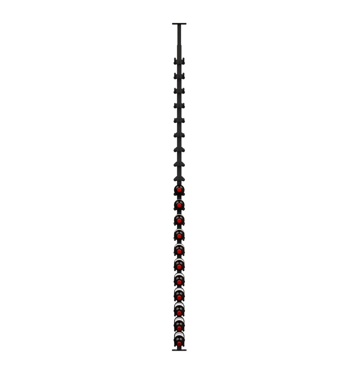 Wine bottle rack with black vertical frame and cork-out pegs