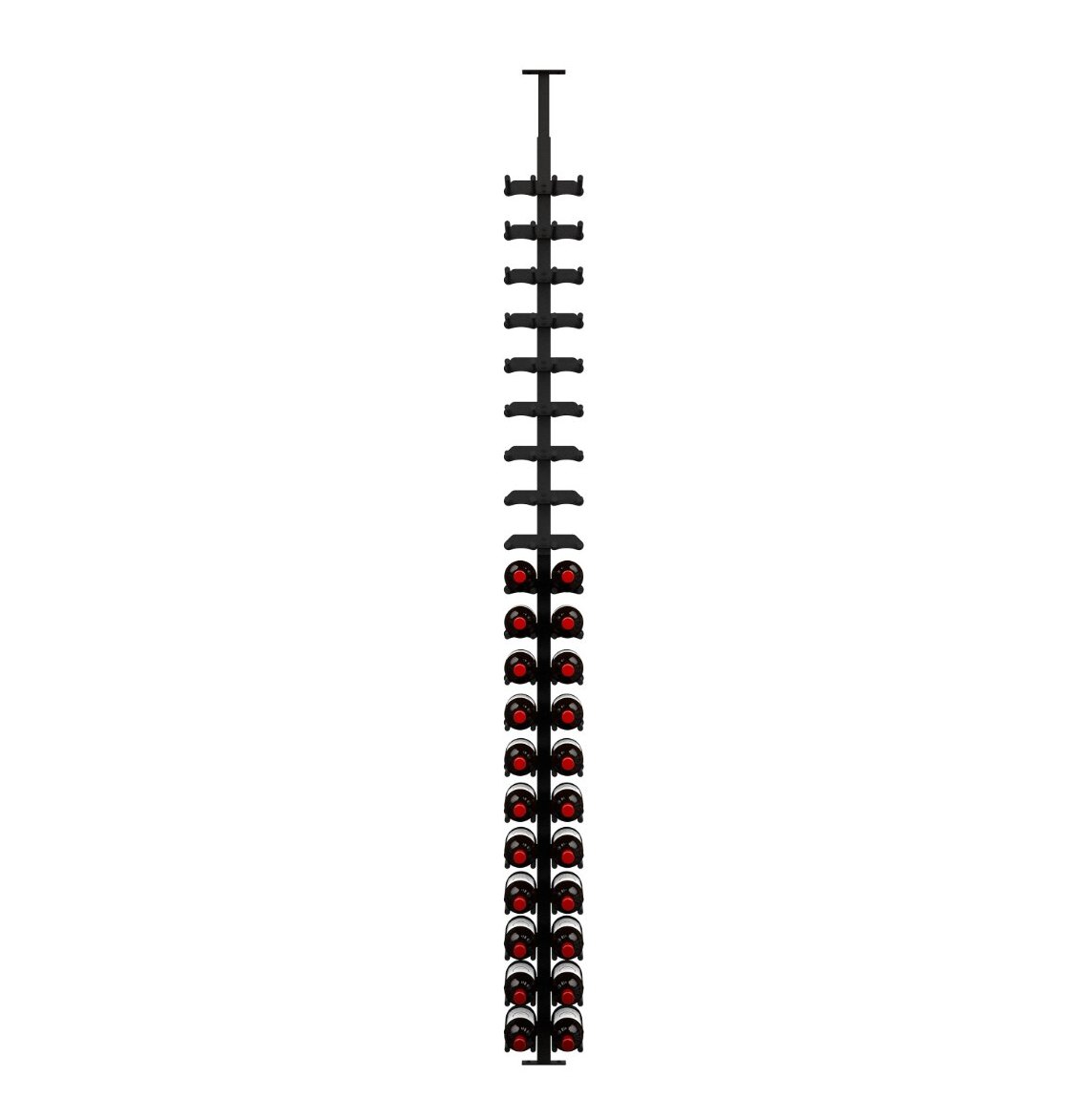 Wine bottle rack with black frame holding red-tinted bottles on cork pegs