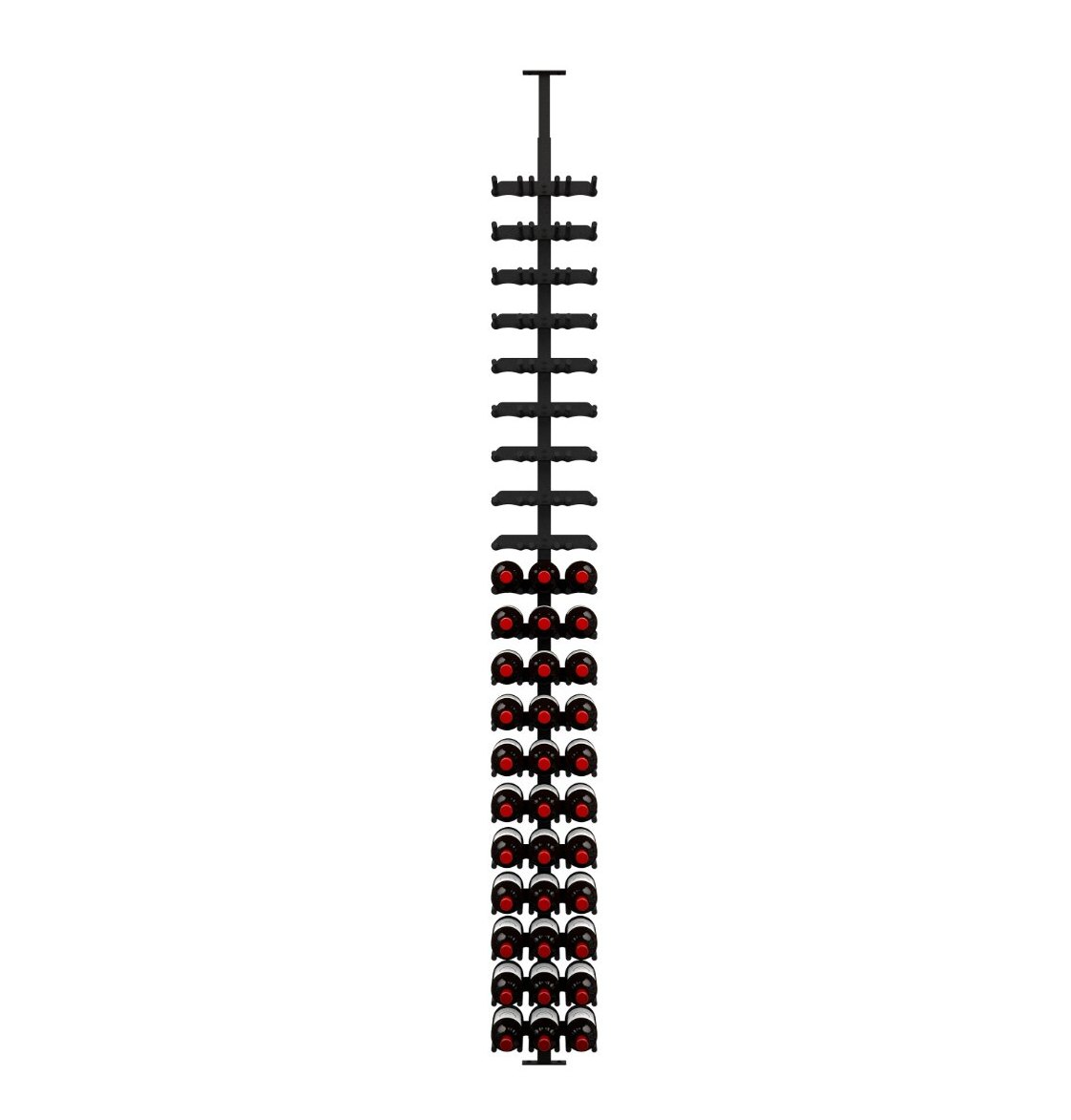Wine bottle rack with black frame holding multiple bottles on cork pegs