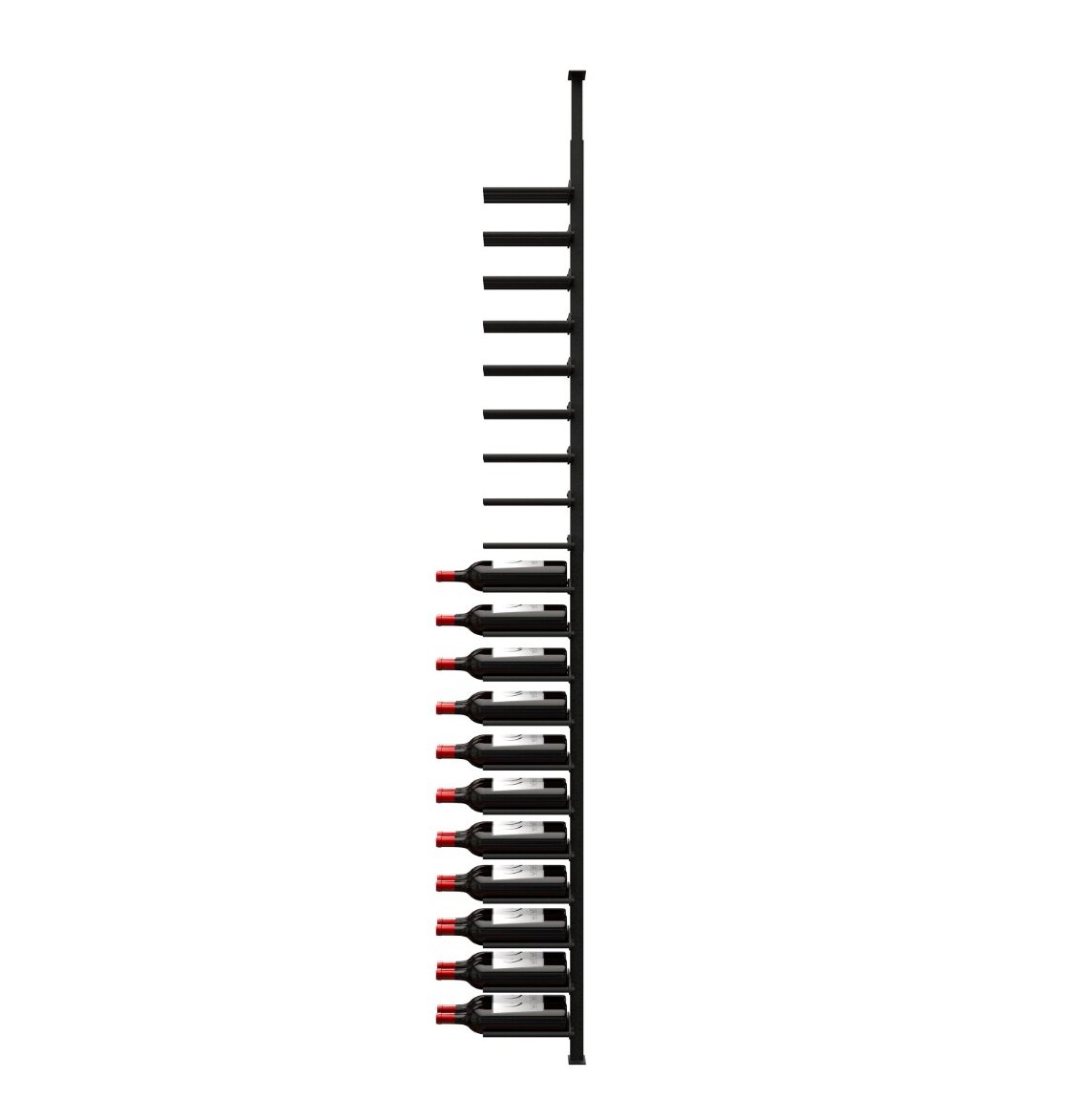 Wine bottle rack showing side of black frame with empty cork-out pegs