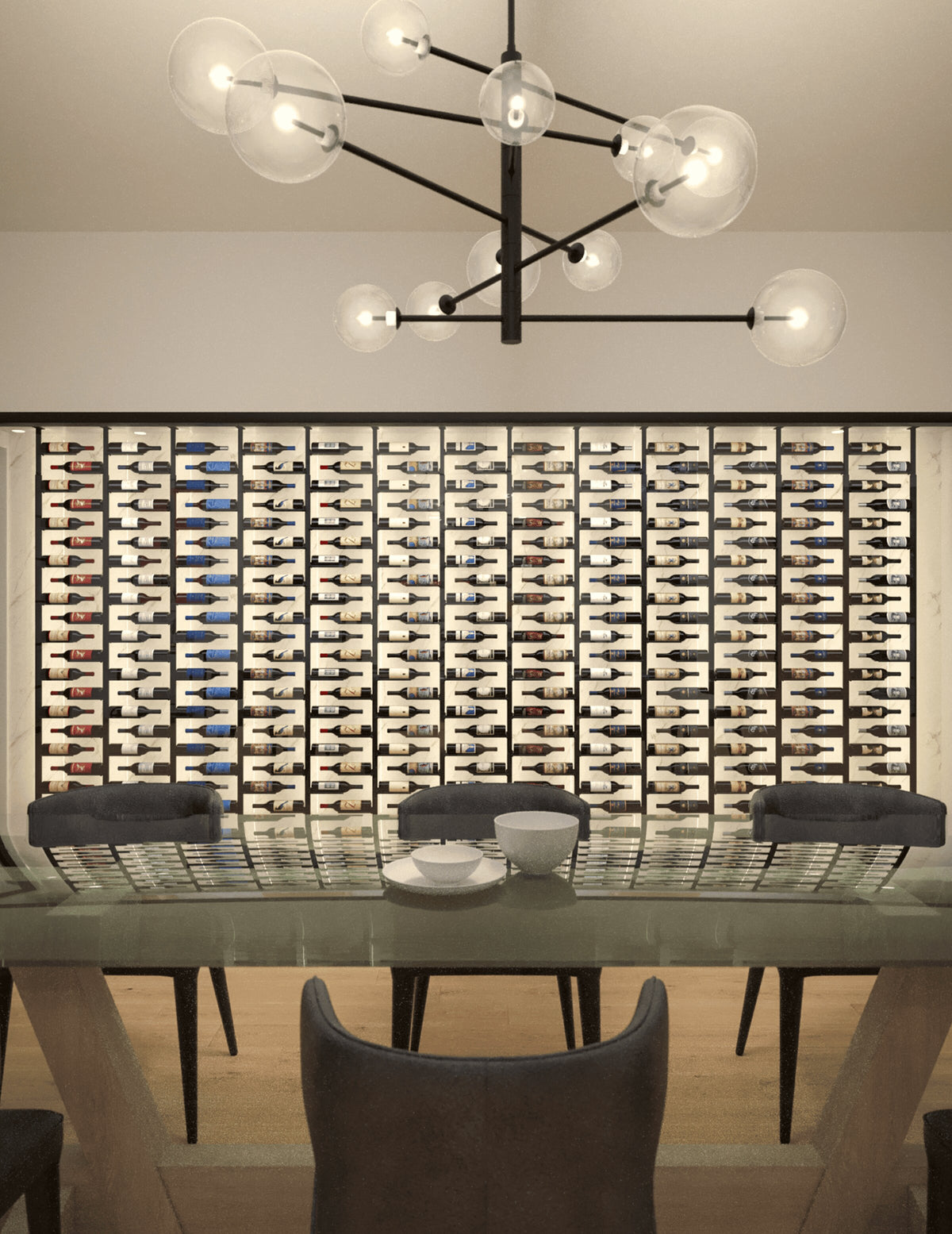 Wall-mounted wine bottle rack with cork-style pegs, filled with many bottles