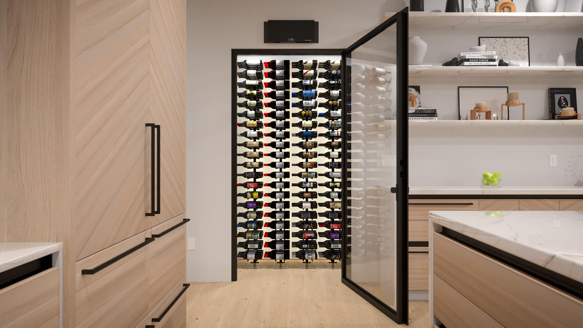 Wine bottle display rack with label-out bottles inside open cabinet frame