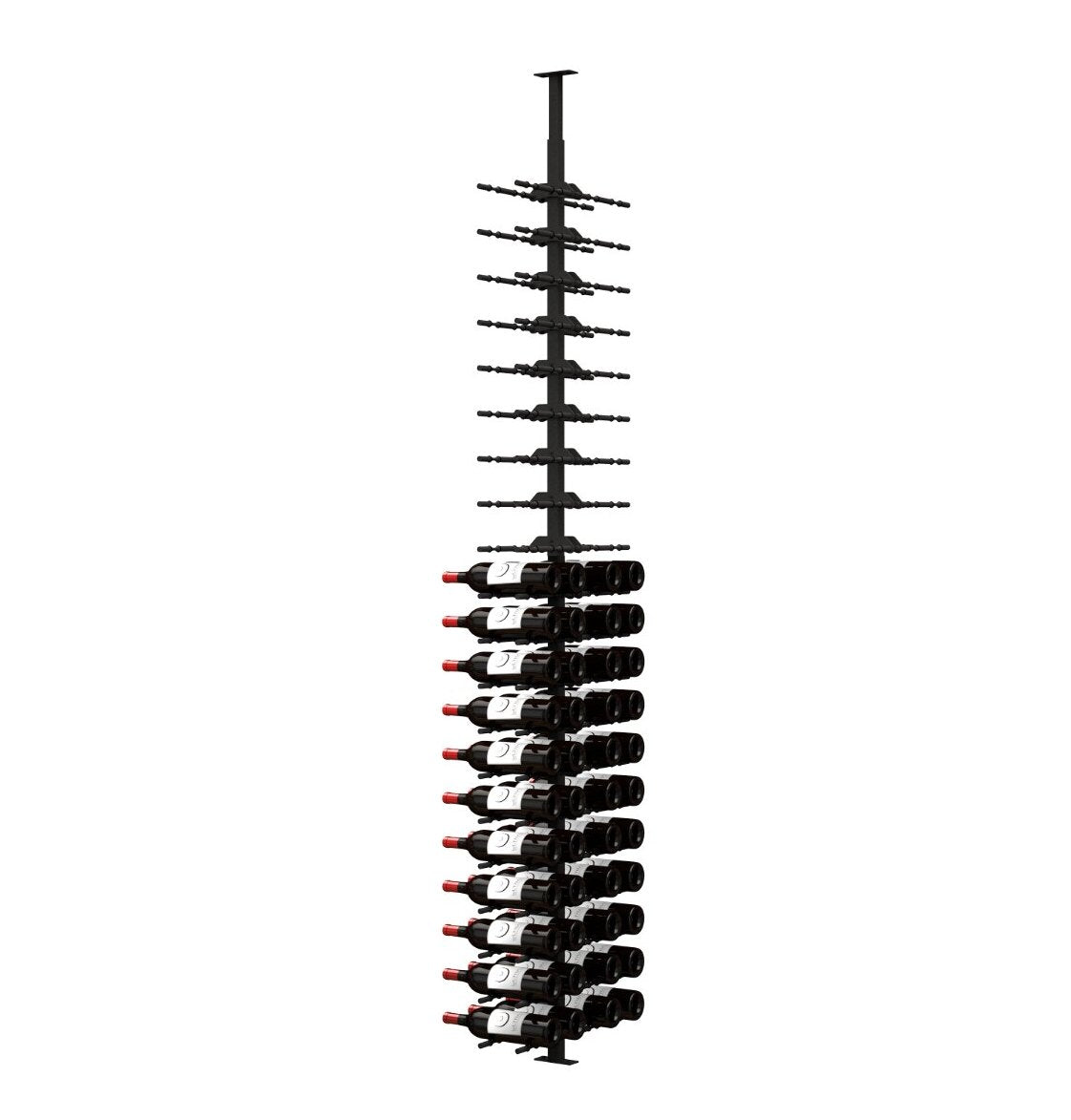 Wine bottle display rack with label-out bottles on black pegs, multiple bottle rows