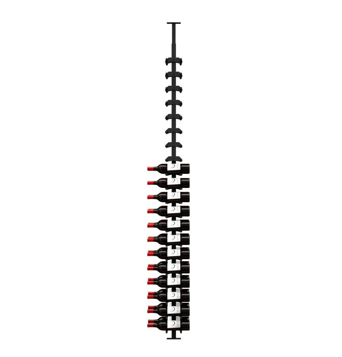 Wine bottle display rack with label-out bottles on black peg frame, side view
