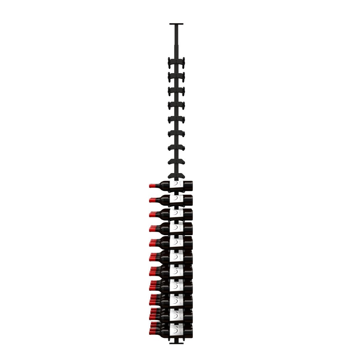 Wine bottle display rack with label-out bottles on black pegs, red-topped bottles