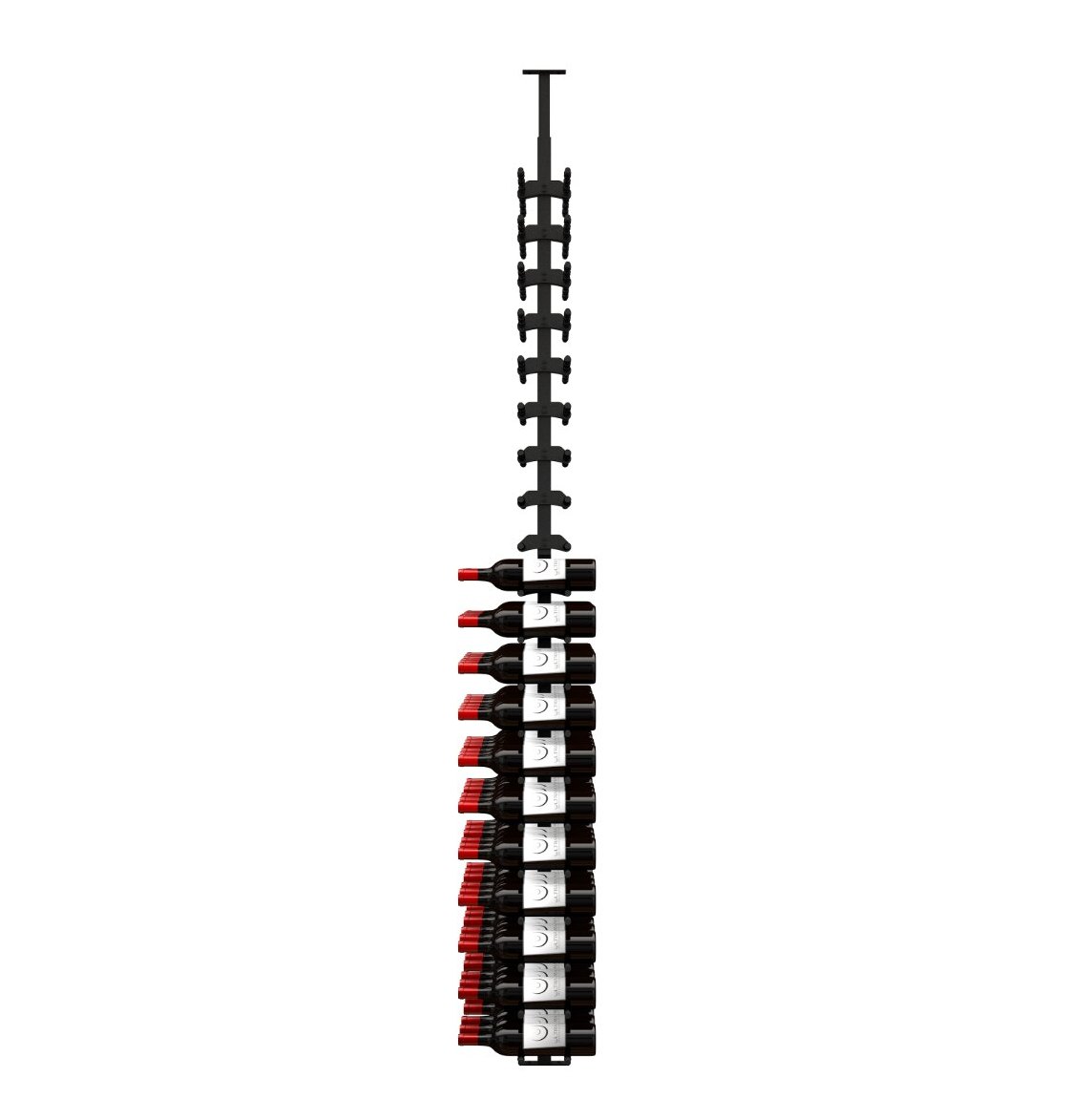 Wine bottle display rack with label-out bottles on black peg frame, red accents