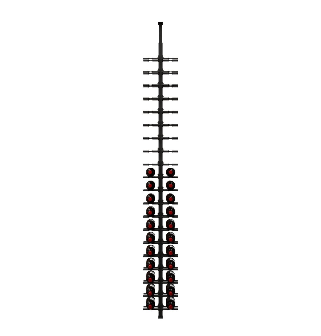 Wine bottle display rack with label-out bottles on black pegs, red label accents