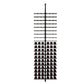 Wine bottle display rack front view with label-out bottles, black peg grid, red labels