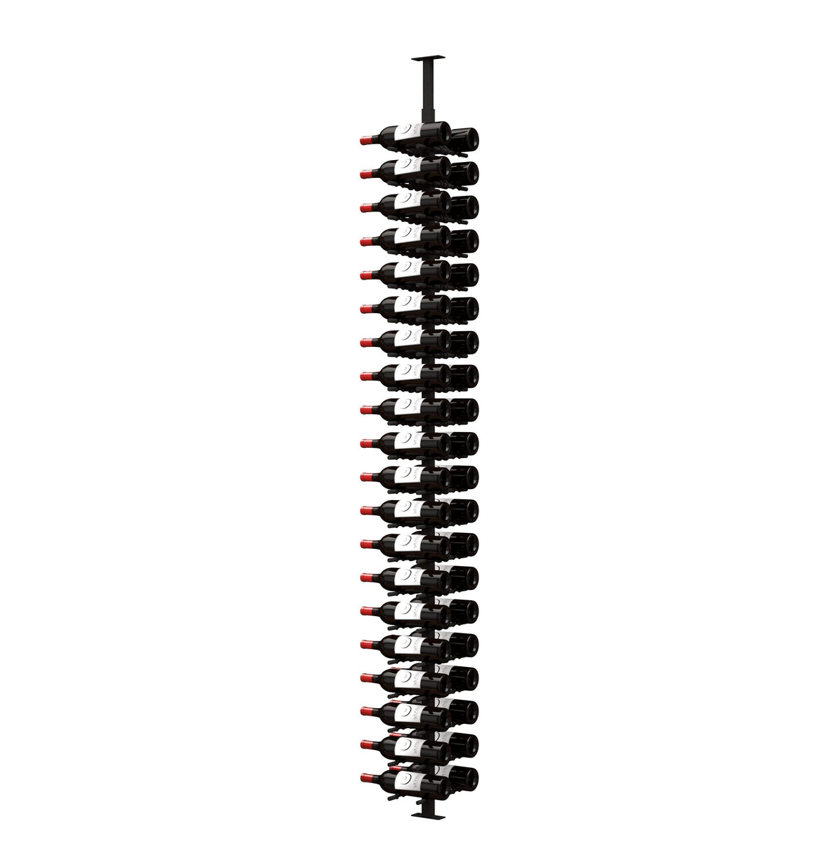 Double-sided wine peg rack with black holders, displaying wine bottles label-out
