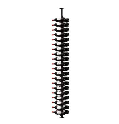 Double-sided wine peg rack with black holders, displaying wine bottles label-out