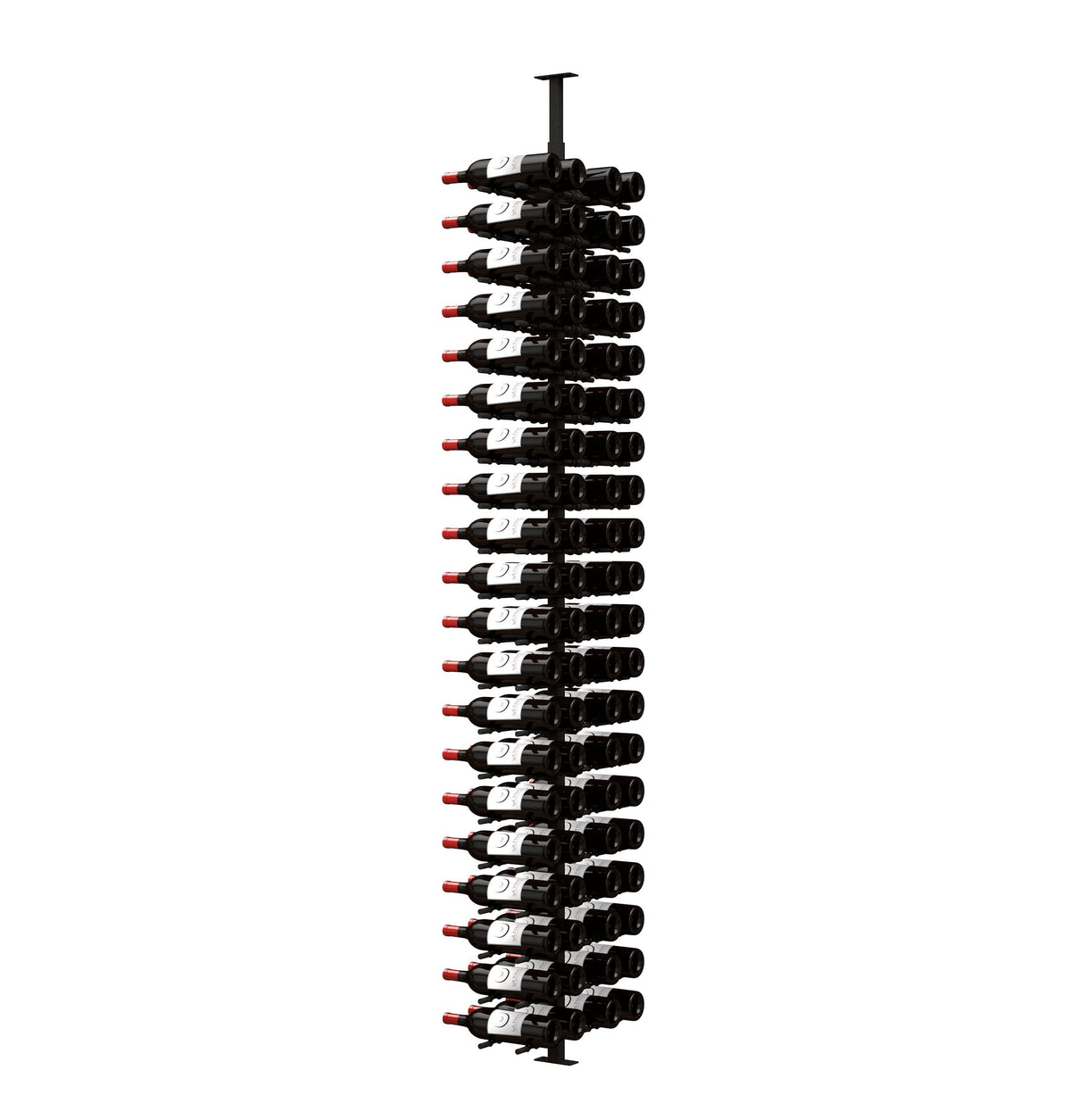 Double-sided wine peg rack showing rows of wine bottles on black bottle pegs