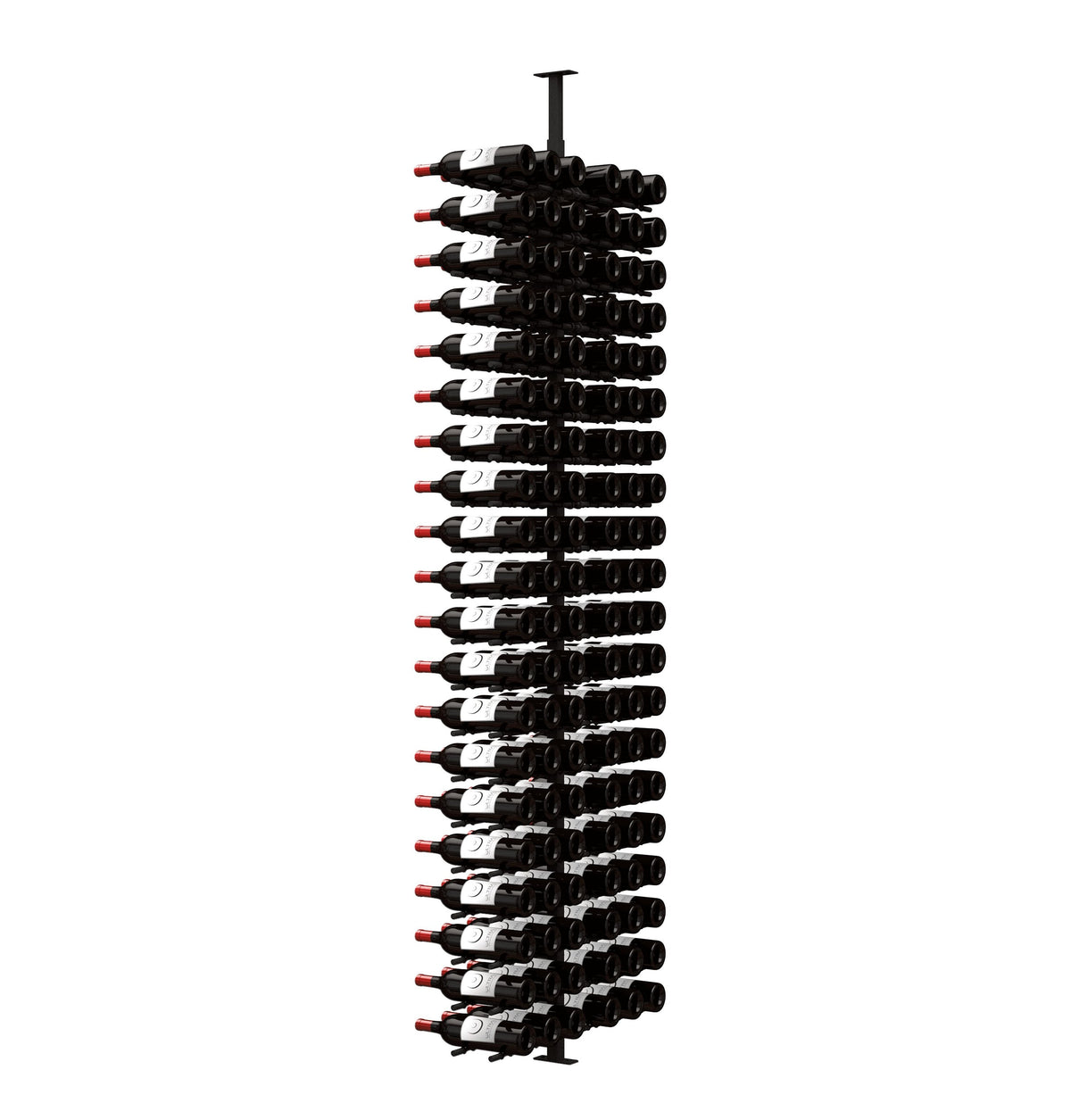 Double-sided wine peg rack with black pegs holding wine bottles, front view