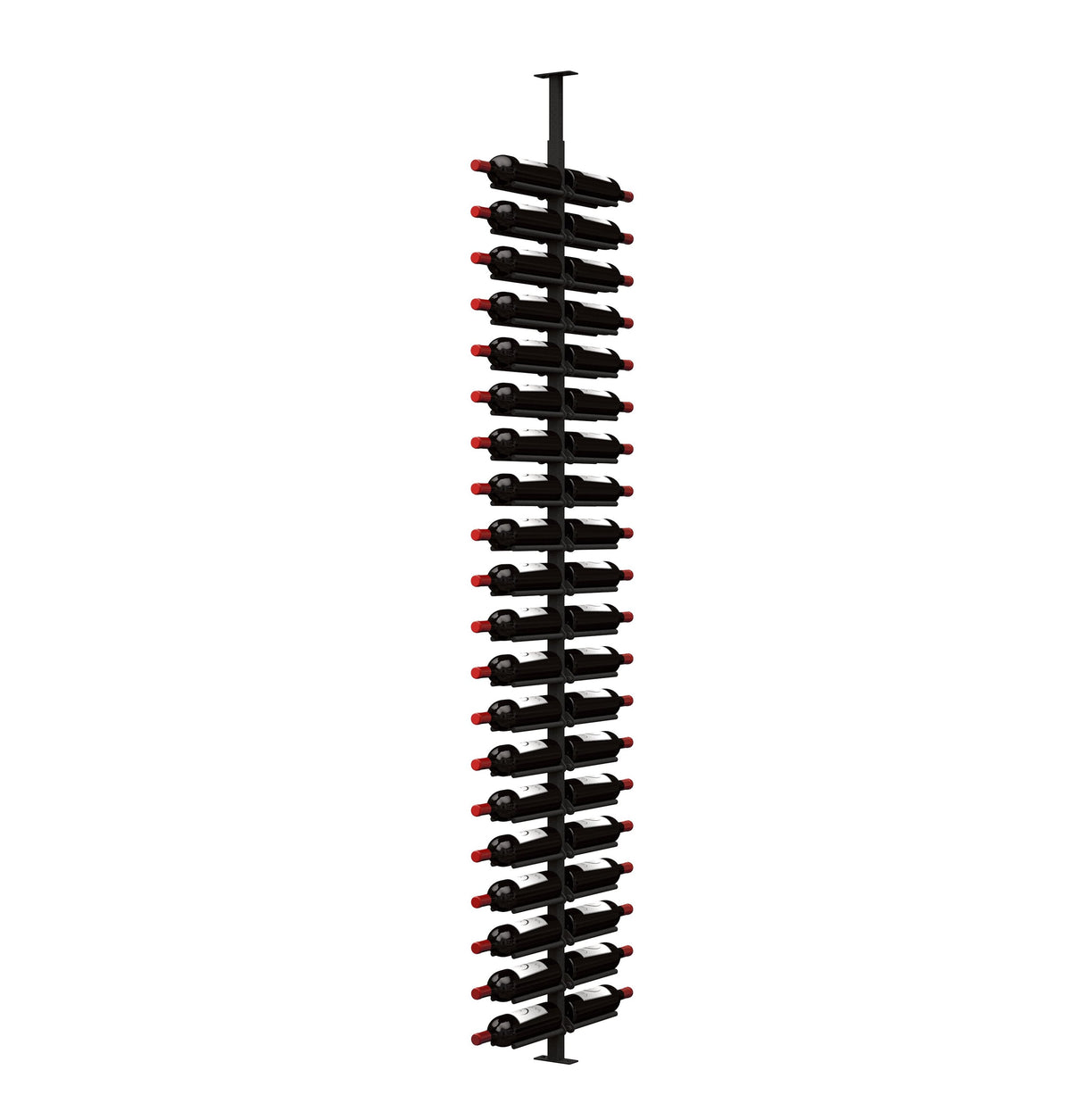 Double-sided wine bottle display rack with black pegs and red cork tips