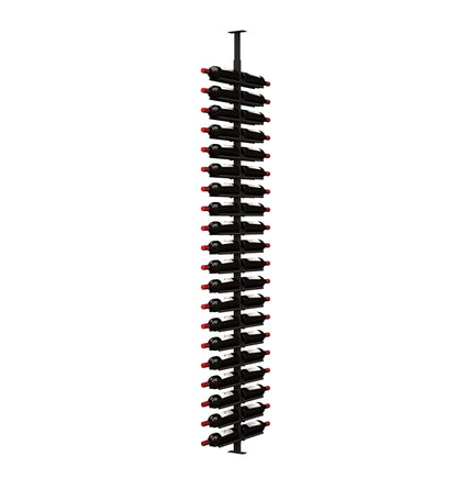 Double-sided wine bottle display rack with black pegs and red cork tips