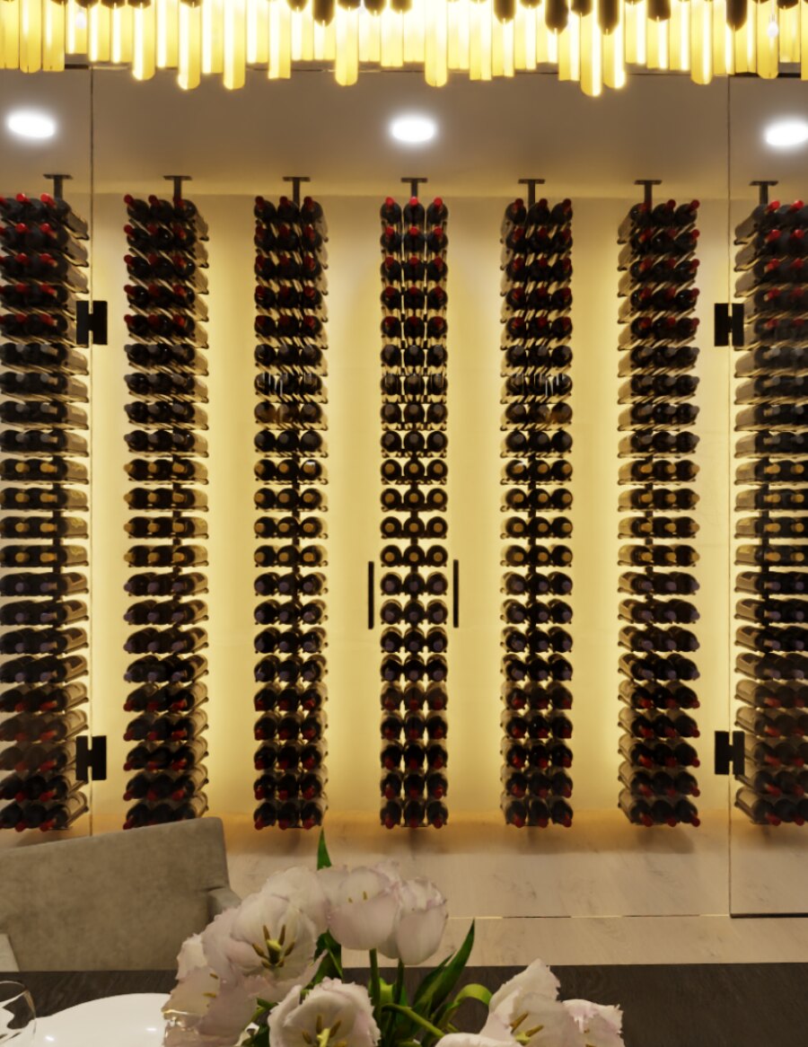 Wall-mounted wine bottle rack with black peg rows holding cork-topped bottles