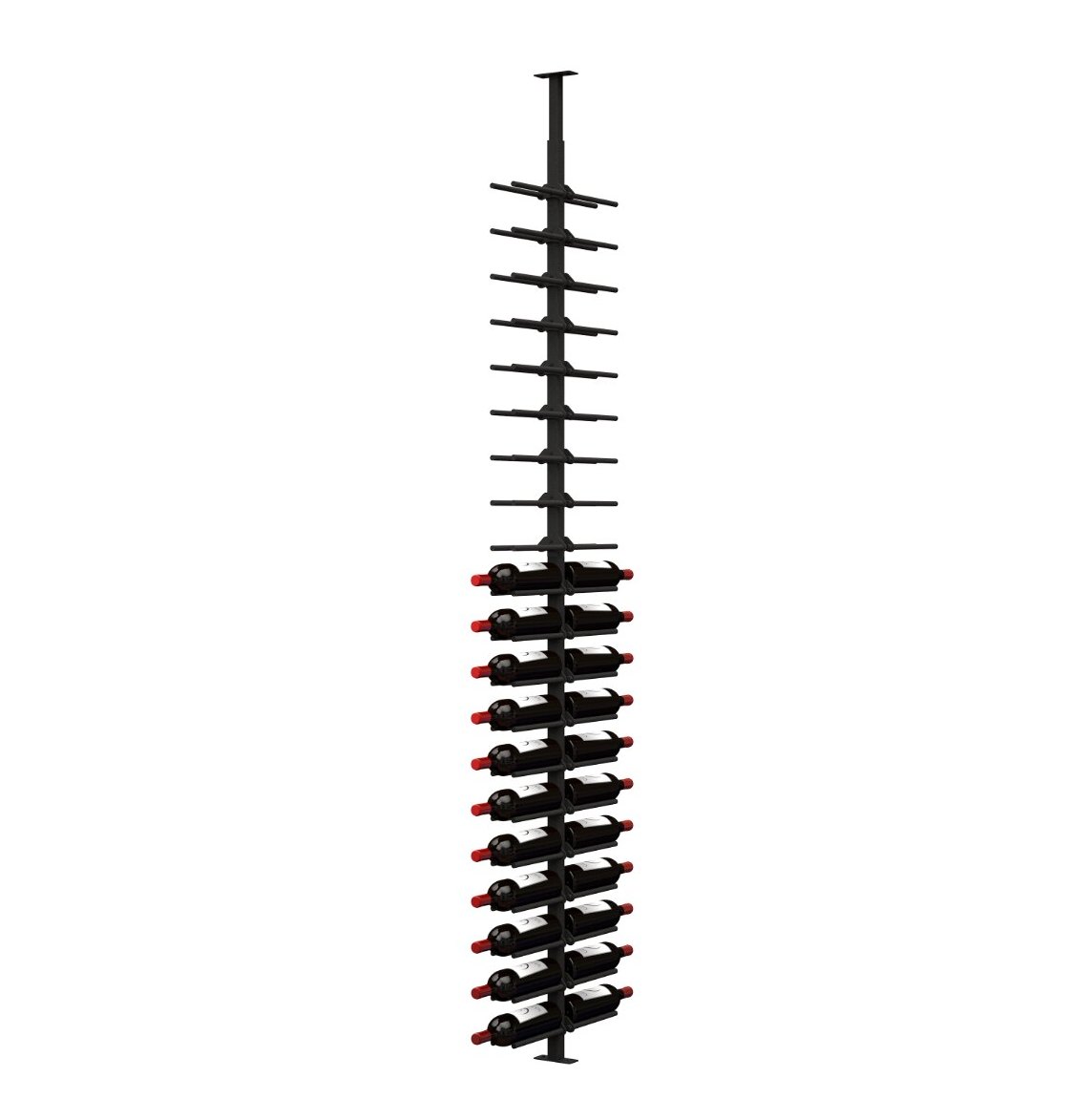 Vertical wine bottle rack with black pegs and red cork tips, side view