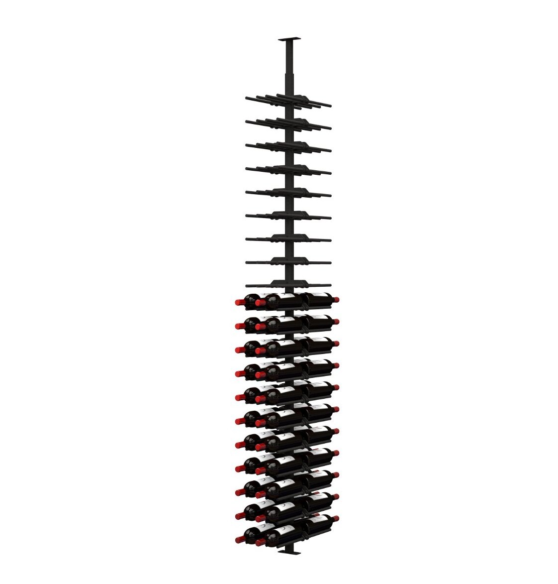 Wine bottle rack with black pegs and red cork tips, angled full-height view