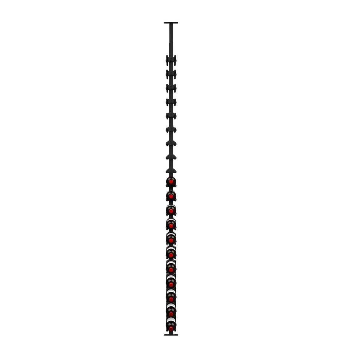 Tall wine bottle rack with black pegs holding bottles with red bottoms