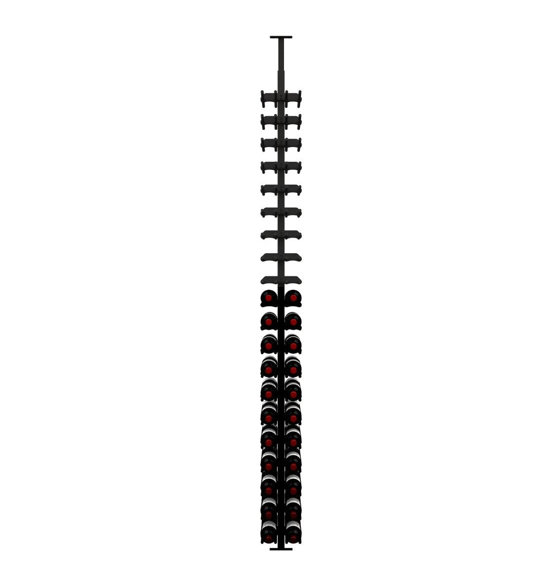 Wine bottle rack with black pegs holding bottles, red bottoms visible