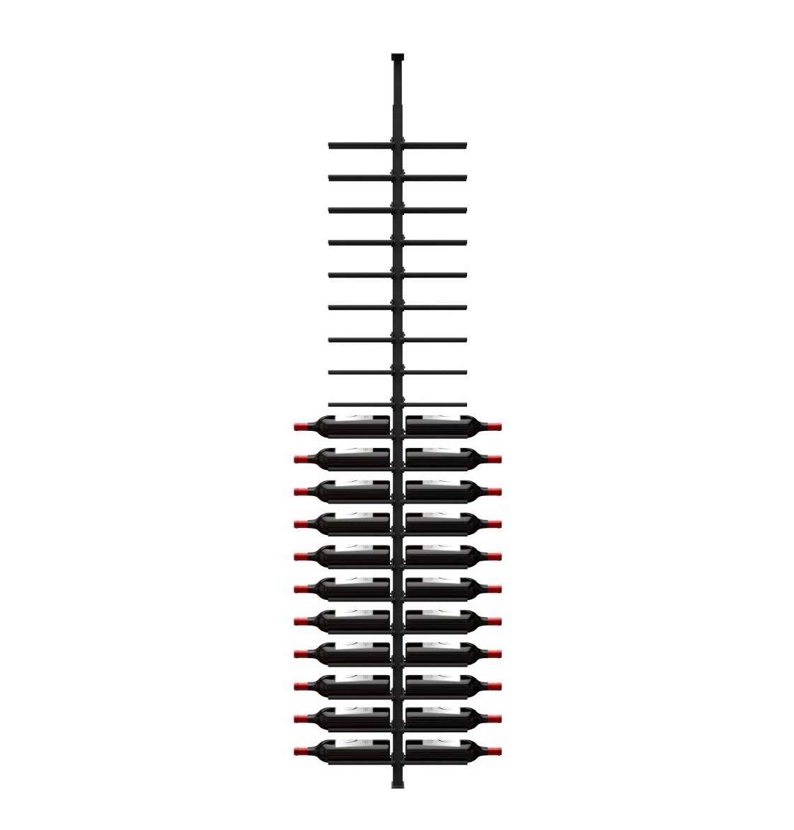Double-sided wine bottle rack with black horizontal bars holding multiple bottles