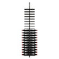 Front view of wine bottle rack with black bars holding rows of bottles