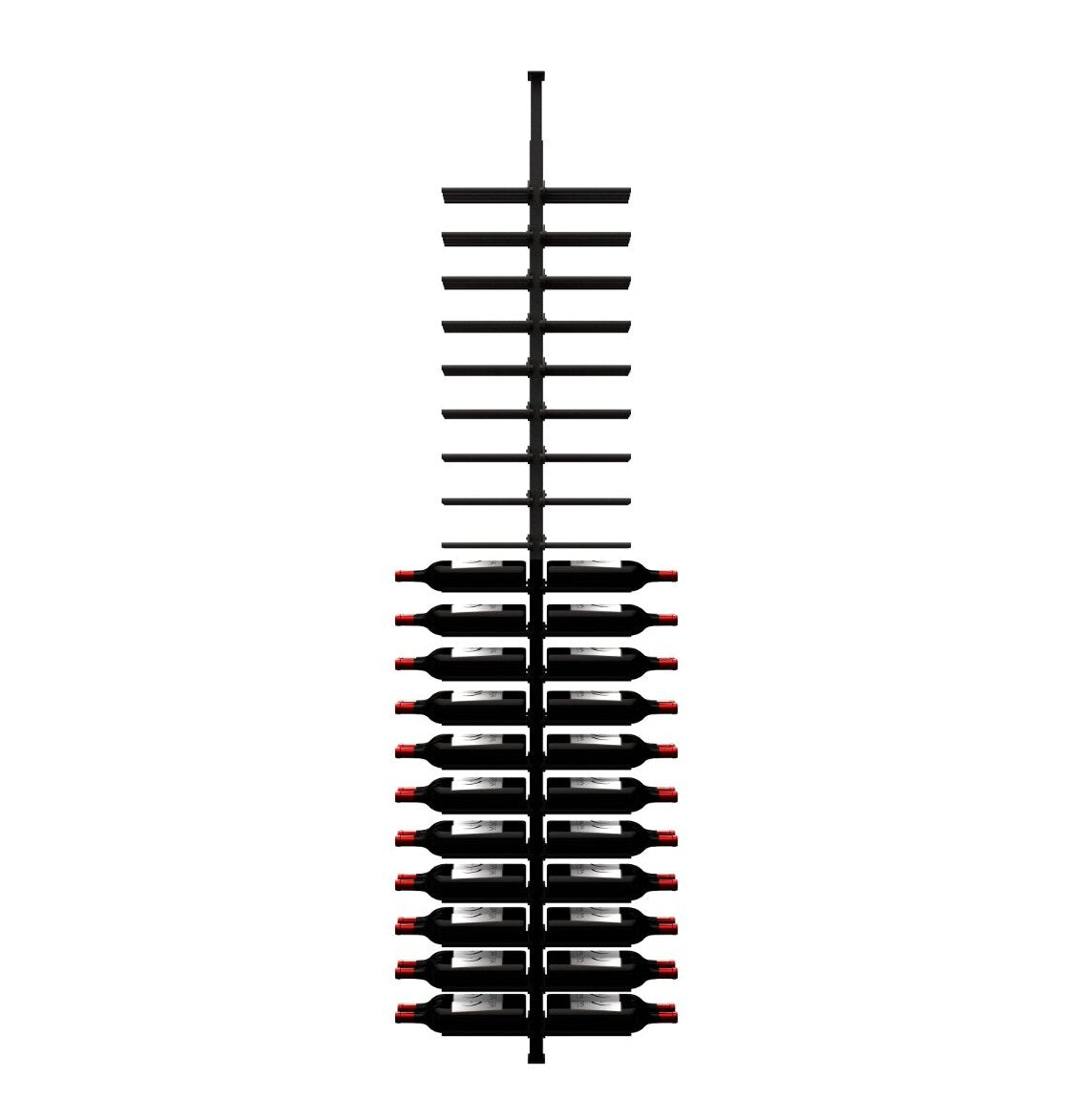 Front view of wine bottle rack with black bars holding rows of bottles