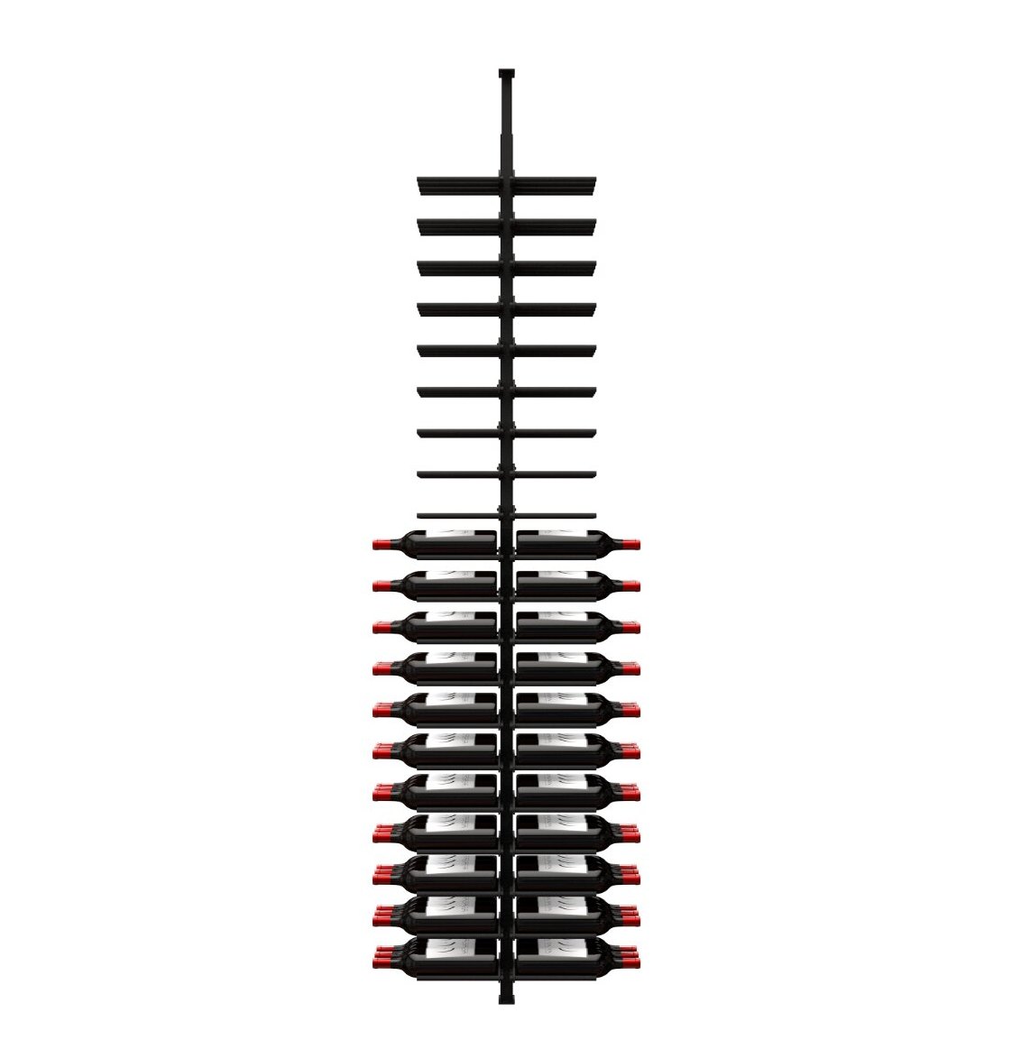 Wine bottle rack with two-sided rows of bottles in black pegs