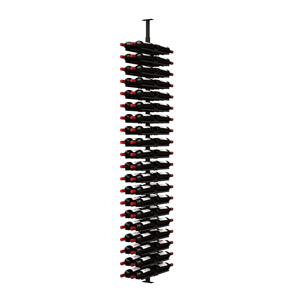 Wine bottle rack with black cork-style pegs holding red-labeled bottles