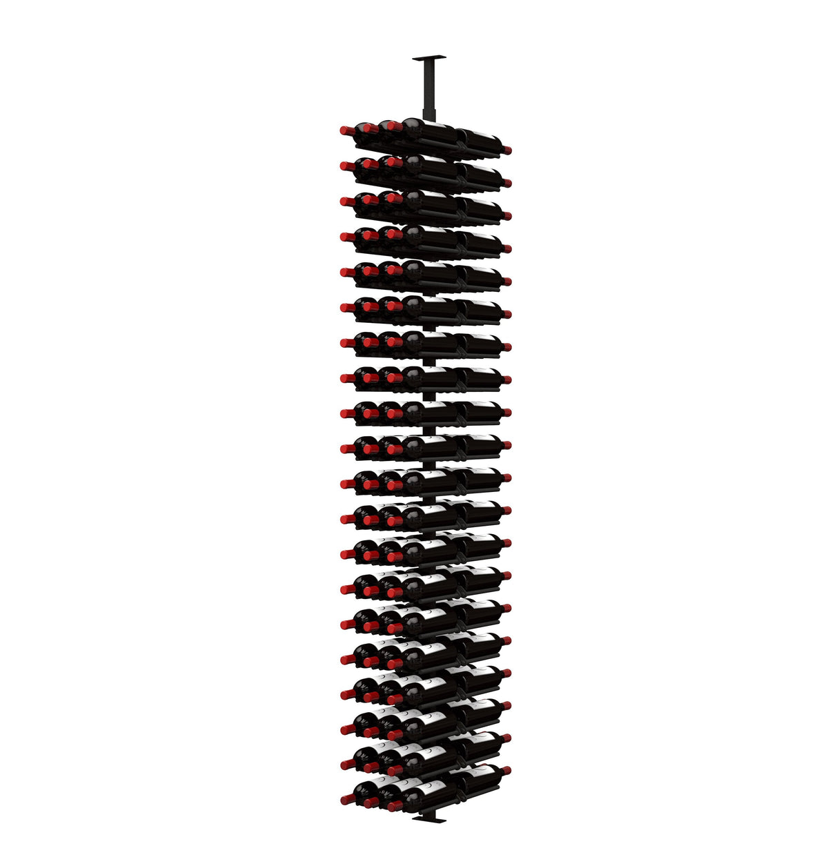 Wine bottle rack with dense black cork-style pegs and red-tipped bottles