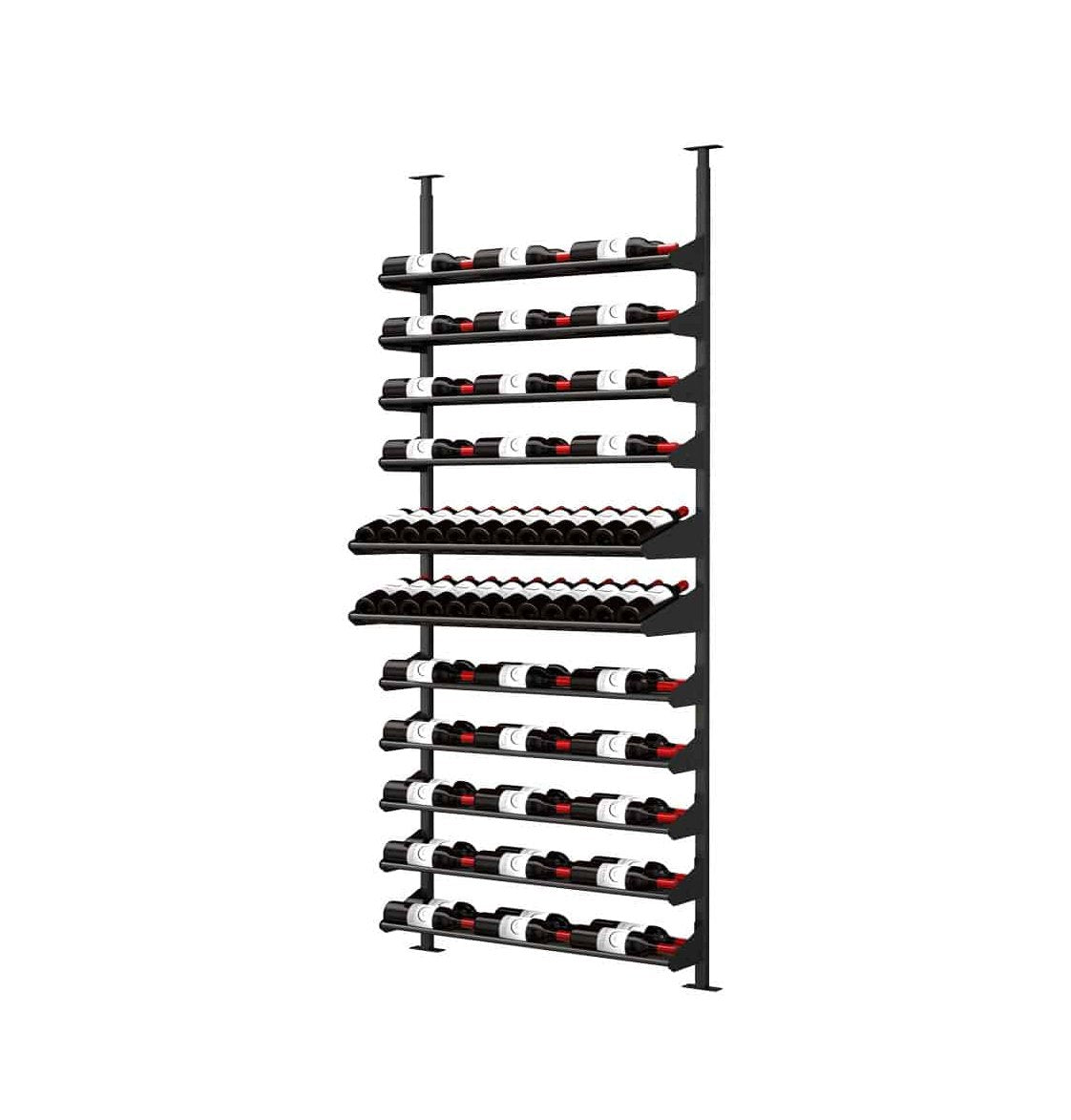 Wine bottle display kit with black horizontal rails holding multiple rows of wine bottles