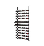Wine bottle display kit with black horizontal rails holding multiple rows of wine bottles