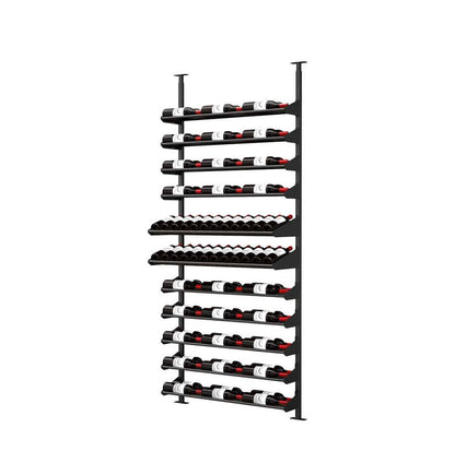 Wine bottle display kit with black horizontal rails holding multiple rows of wine bottles